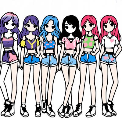 a group of girls wearing crop tops and shorts