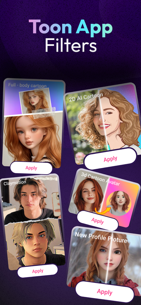 Toon AI: Cartoon photo editor - Una colección de filtros de caricatura con IA que incluyen estilos de avatar 2D, 3D y claymation para fotos de perfil.