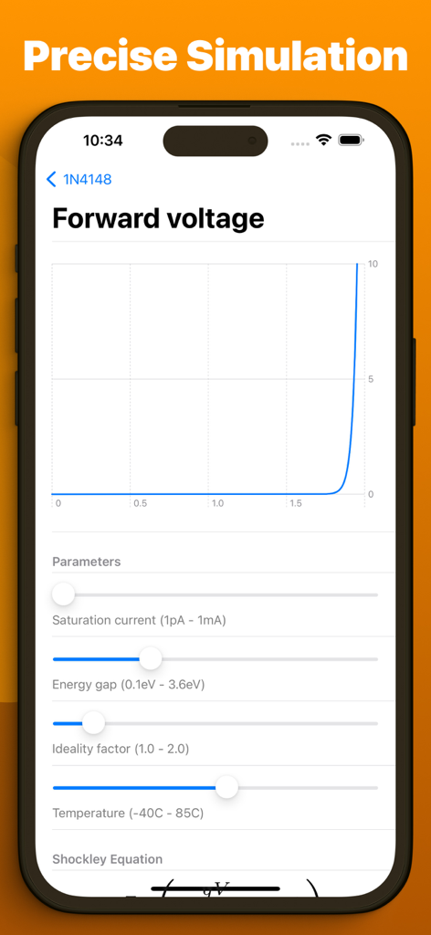 Breadpad - SPICE Simulator - A circuit simulation graph showing forward voltage with adjustable parameters like temperature and saturation current