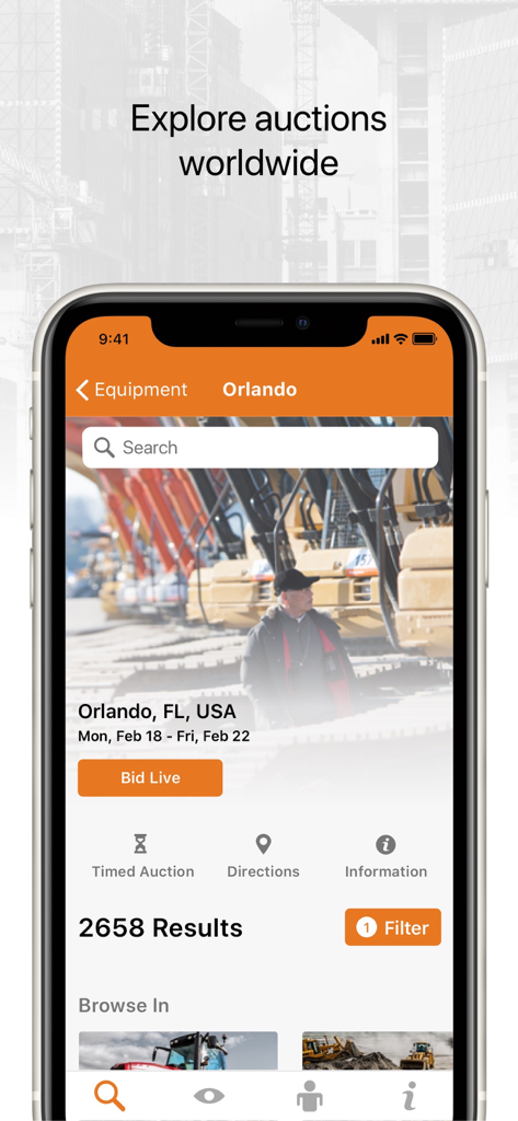 Ritchie Bros. - Ritchie Bros mobile app displaying an equipment auction in Orlando Florida with a bid live button