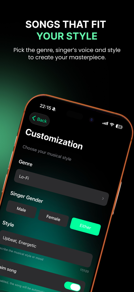 Innertune Music - Innertune Music app interface for customizing AI generated songs with genre and style options