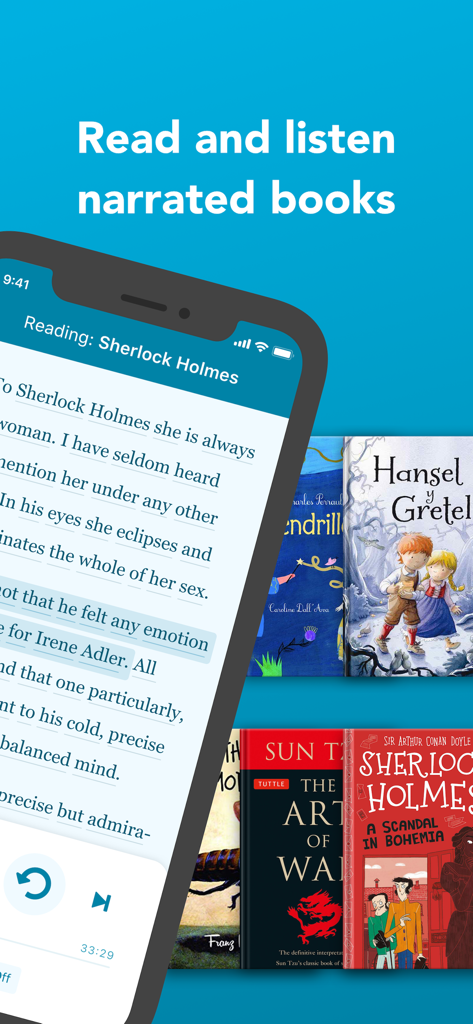 Polyglot - Master Languages - Pantalla de la aplicación Polyglot mostrando un libro narrado para la inmersión lingüística.