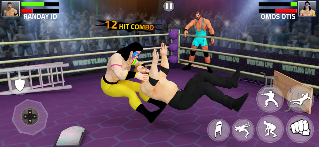 Real Wrestling : Fighting Game - A 3D mobile wrestling game match featuring a tag team fight with a hit combo and ring props