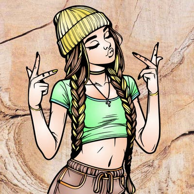 realistic teenage girl with braids and a beanie and crop top doing 🫶🏼