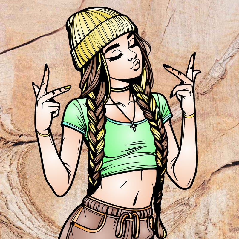 realistic teenage girl with braids and a beanie and crop top doing 🫶🏼
