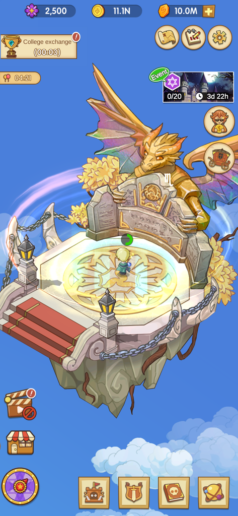 Idle Magic Academy - Um personagem em pé numa plataforma circular brilhante em frente a uma grande estátua de dragão dourada numa ilha mágica flutuante.