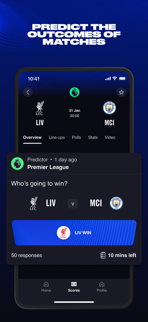 EA SPORTS App: Soccer & more - EA SPORTS App interface showing a match prediction poll for a soccer game between Liverpool and Manchester City