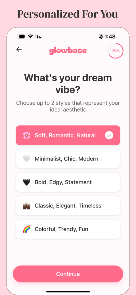 Glowbase - Glowbase app screen for selecting a personal style aesthetic and vibe.