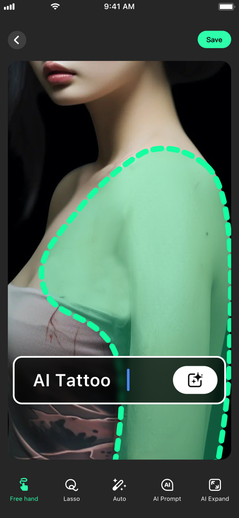 Interface do aplicativo móvel mostrando o preenchimento generativo de IA usado para adicionar uma tatuagem a uma foto