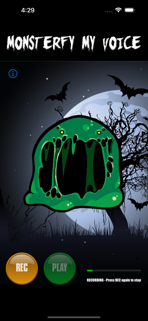 Monsterfy My Voice - Interface do aplicativo Monsterfy My Voice mostrando o personagem monstro Slimey com botões de gravação e reprodução.