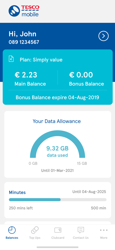 My Tesco Mobile - Interface do painel do aplicativo My Tesco Mobile mostrando saldo principal, saldo de bônus, franquia de dados e minutos restantes.
