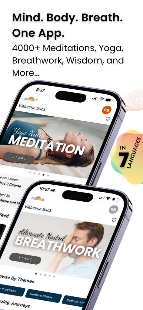 Art of Living app interface displaying Yoga Nidra meditation and alternate nostril breathwork sessions