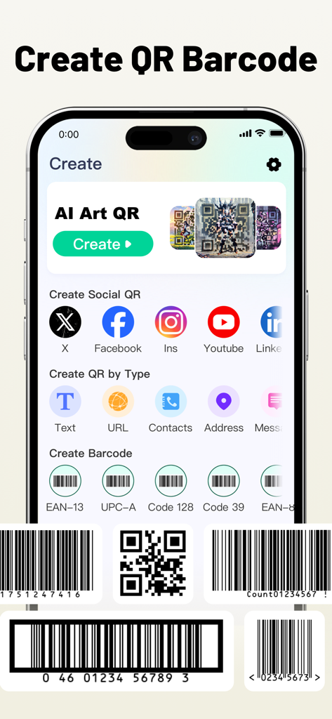 Safe QR Barcode Reader Creator - Mobile app screen for creating AI art QR codes social media QR links and multiple barcode formats