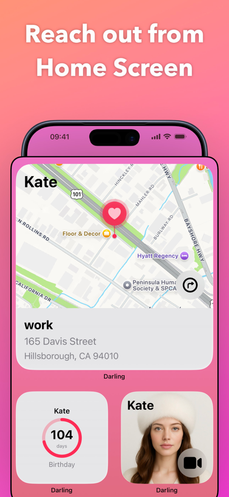 Darling - Tela de início do aplicativo Darling apresentando widgets interativos para locais de contato e contagens regressivas de aniversário.