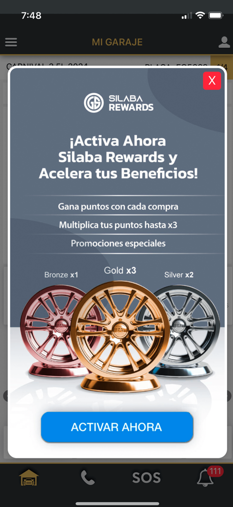 Grupo Silaba - A pop-up in the Grupo Silaba app promoting the Silaba Rewards program with Bronze Silver and Gold membership tiers.