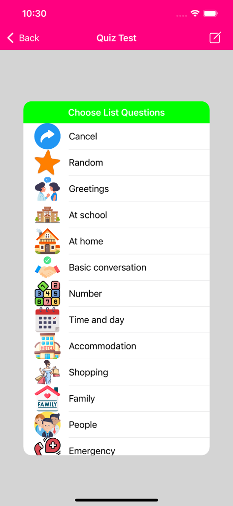Learn Cantonese Premium - A menu of practical Cantonese conversation topics for quiz tests including greetings shopping and emergencies