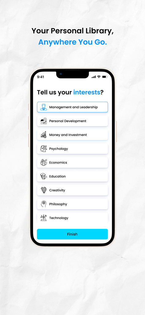 Dream Lab 2.0 - Pantalla en la aplicación Dream Lab 2.0 donde los usuarios seleccionan intereses como Gestión y Desarrollo Personal para contenido personalizado.