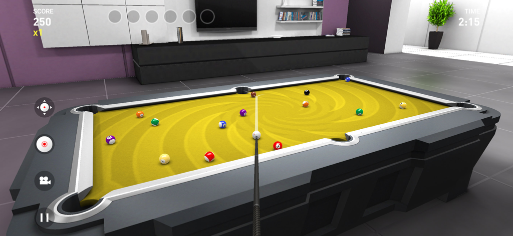 Pool Billiards 3D - A 3D mobile billiards game featuring a customizable yellow table and realistic physics gameplay.