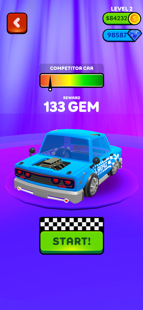 Driver's Journey - Um carro esportivo azul em uma plataforma com um botão de início para uma corrida e possíveis recompensas de gemas