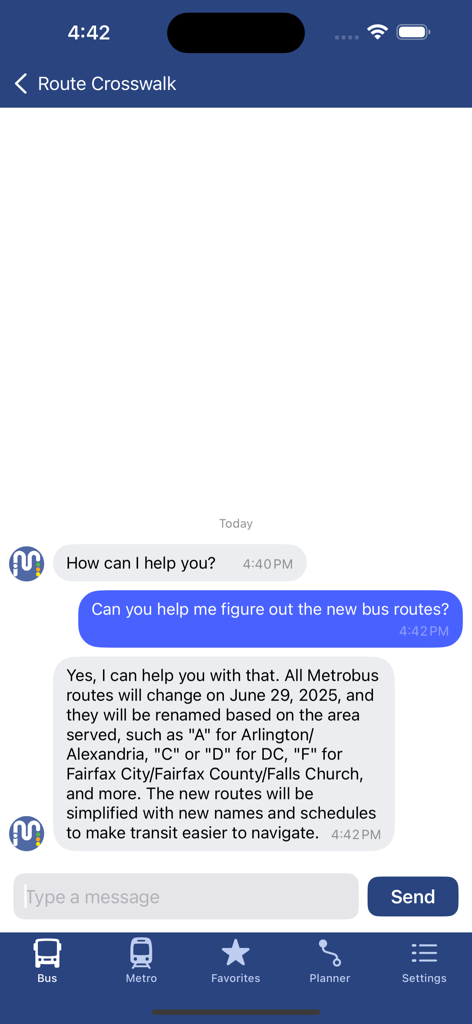 Personal AI assistant chat interface in the DC Metro and Bus app providing transit information