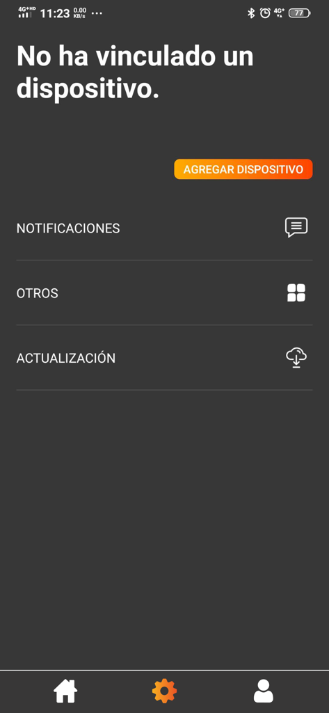 INNOVA S-WATCH - Innova S-Watch app interface showing a message that no device is linked with a button to add a new device and menu options for notifications and updates.