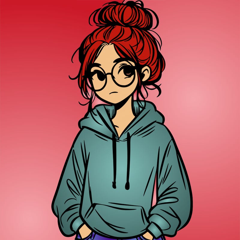teen girl with a messy bun and glasses wearing a loose hoodie and jeans