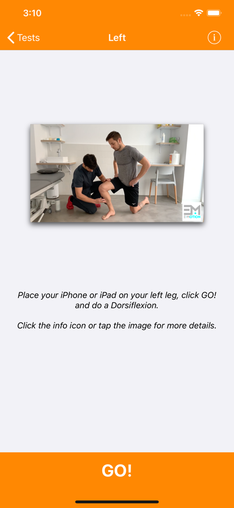 Pantalla de instrucciones para la medición de la dorsiflexión del tobillo en la aplicación My ROM