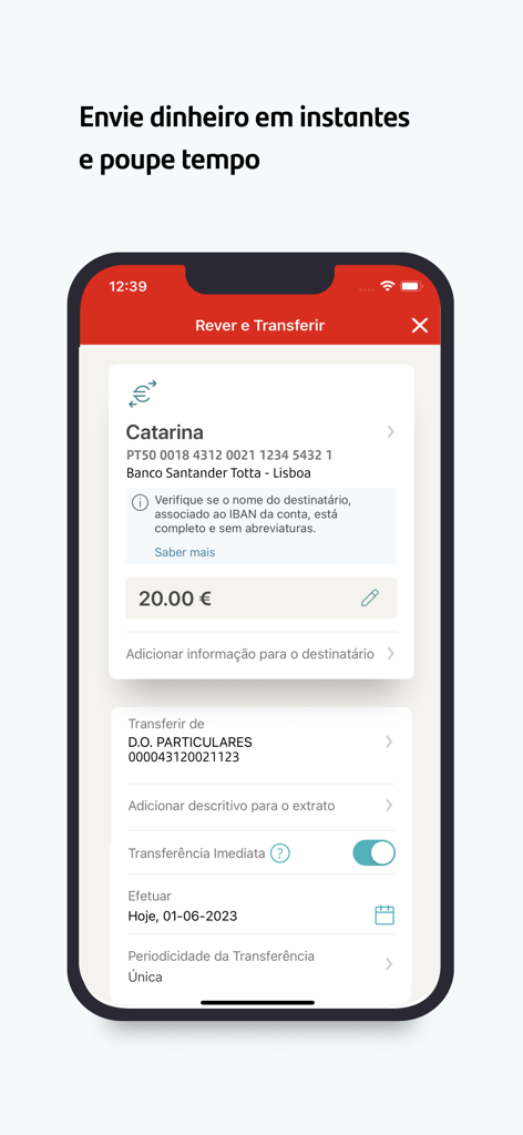 Santander Empresas Portugal - Santander Empresas Portugal mobile app showing the review and transfer screen for a business transaction.
