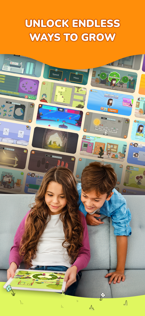 Nick Academy - Two children playing educational STEM games on a tablet using the Nick Academy app