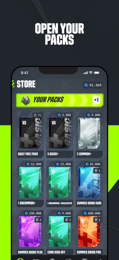 Store screen in the GOALS Companion app showing various player packs like Summer Grind and Euro Kick-off.