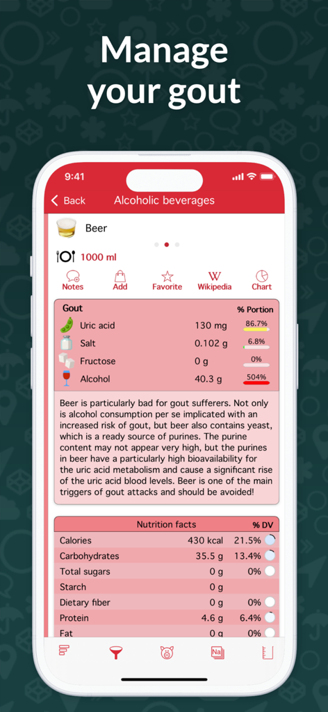 OxiPur – Gout & Kidney Stones - OxiPur app screen displaying nutritional analysis and gout advice for beer