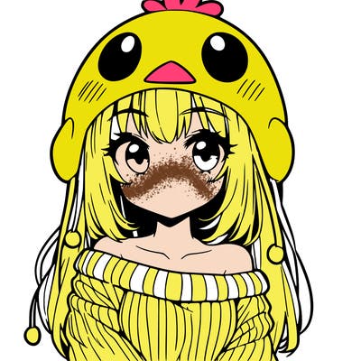 anime girl with chick shaped hat with sweater with bare shoulders with bangs covering them one eye with low tail