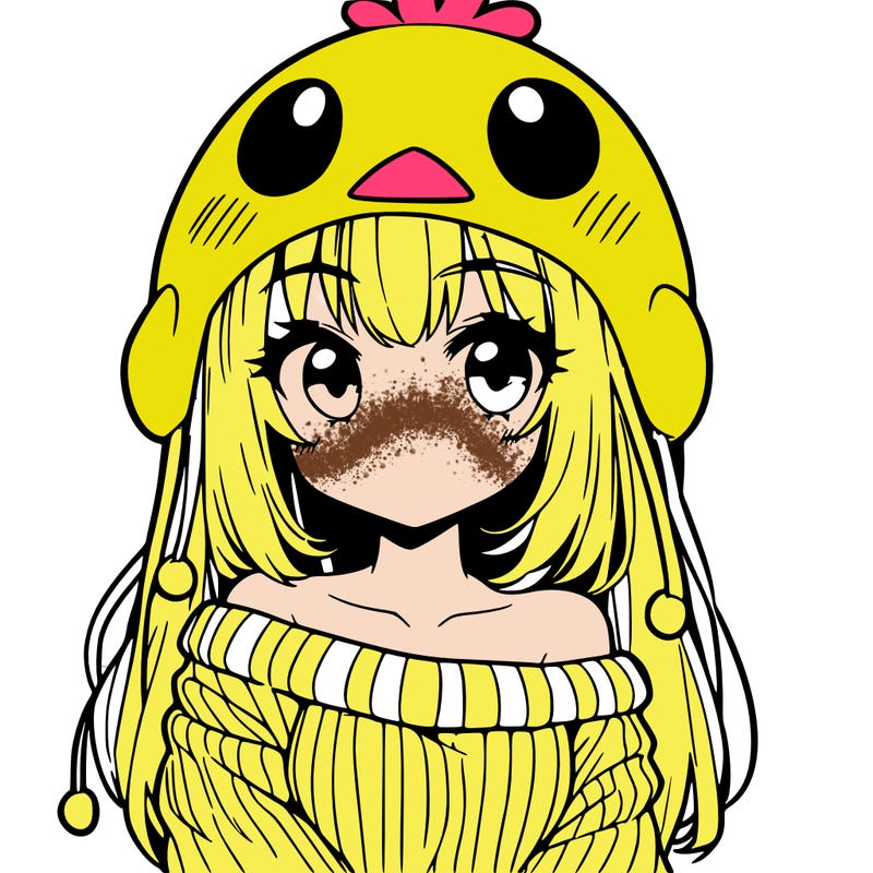 anime girl with chick shaped hat with sweater with bare shoulders with bangs covering them one eye with low tail