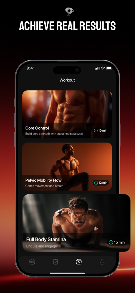 Kegel Men Exercises | KegelX - KegelX App-Oberfläche mit verschiedenen Trainingsplänen für Männer, einschließlich Core Control und Pelvic Mobility.