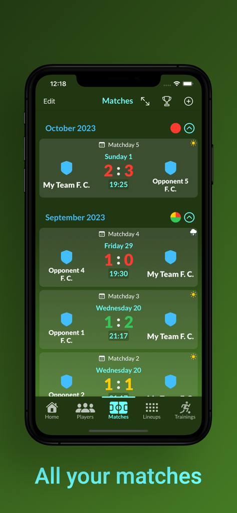 Football Coach Manager - Una lista de partidos y resultados de fútbol mostrada en la aplicación Football Coach Manager en un iPhone
