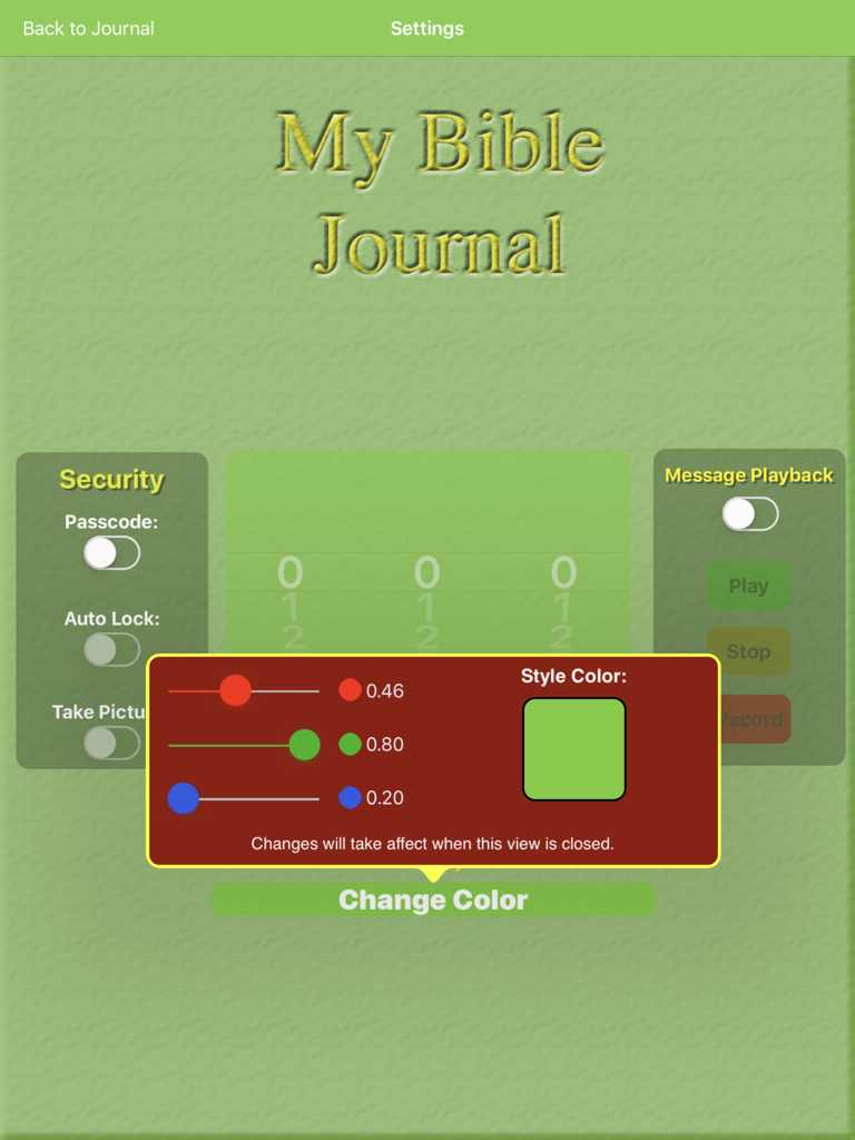My Bible Journal - Settings screen for My Bible Journal app showing security controls and custom color selection sliders.