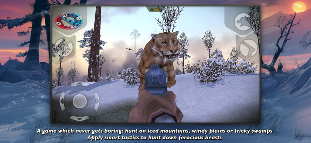 Carnivores: Ice Age - First person shooter view of a player aiming a rifle at a saber-toothed tiger in a snowy mountain landscape.