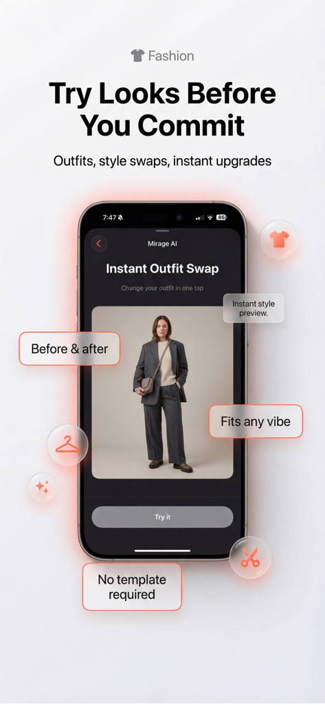 Mirage AI: Photo Editor - Interface do aplicativo Mirage AI mostrando o recurso Instant Outfit Swap para experimentação de moda virtual.