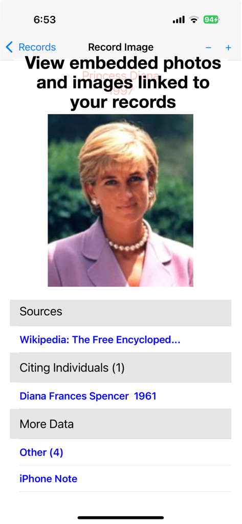 Captura de tela do GEDitMobile exibindo uma foto da Princesa Diana em um registro de história familiar.