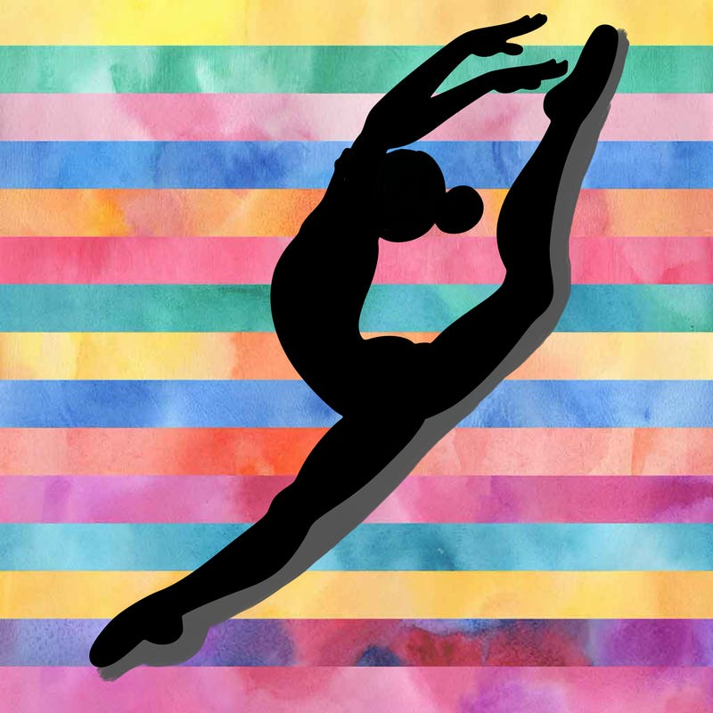 gymnast doing a leap in a leotard with a bent back leg