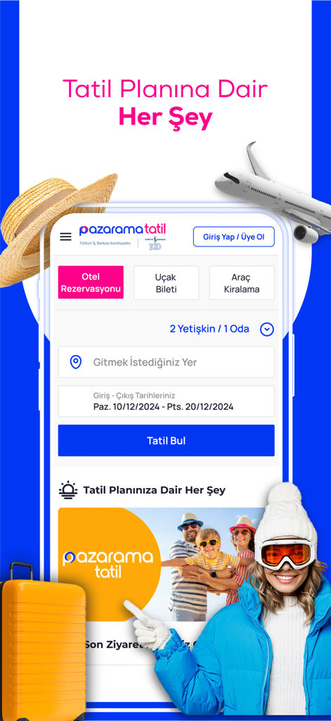 Pazarama Tatil mobile App-Oberfläche zur Buchung von Hotels, Flügen und Mietwagen.