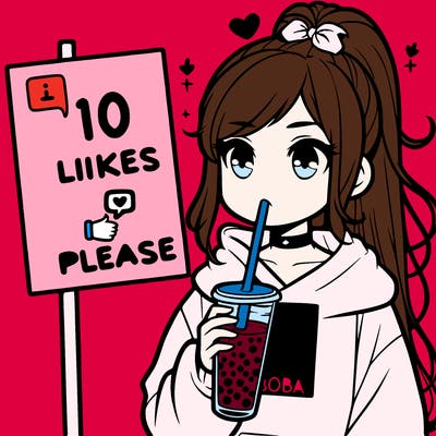 girl with a high ponytail and a hoodie drinking boba staring at a sign saying 10 likes please