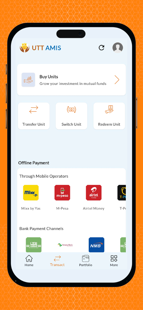UTT AMIS - UTT AMIS mobile app transaction screen showing options to buy units and available payment methods through banks and mobile operators.