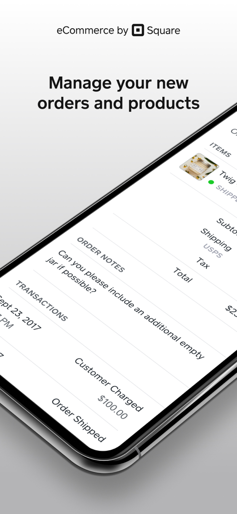 Weebly by Square - Écran de smartphone affichant les fonctionnalités de gestion des commandes e-commerce dans l'application Weebly par Square.