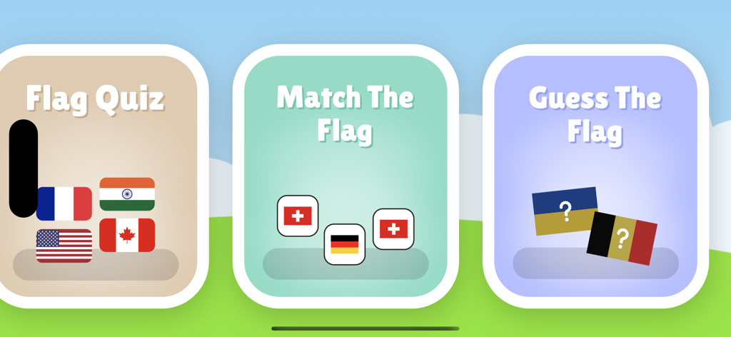 World Countries Flags - Learn - Uma tela de seleção mostrando três opções de jogos educativos: Quiz de Bandeiras, Combine as Bandeiras e Adivinhe a Bandeira.