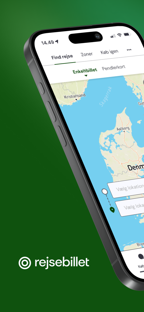 A smartphone showing the Rejsebillet app interface with a map of Denmark for planning public transport trips.