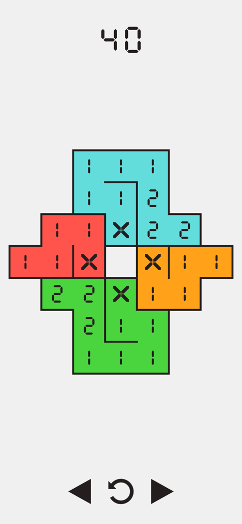 Minimalist grid puzzle gameplay from Cardinal Chains showing level 40 with colored sections and number paths