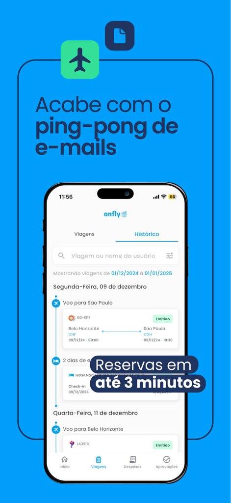 Interfaz de la aplicación móvil Onfly mostrando un itinerario de viaje y el historial de reservas para viajes de negocios.