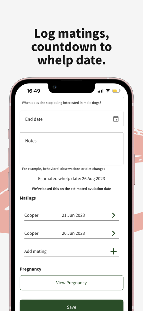 Breedera - Dog Breeder App - Screenshot of the Breedera app showing how to log dog matings and view the estimated whelp date.