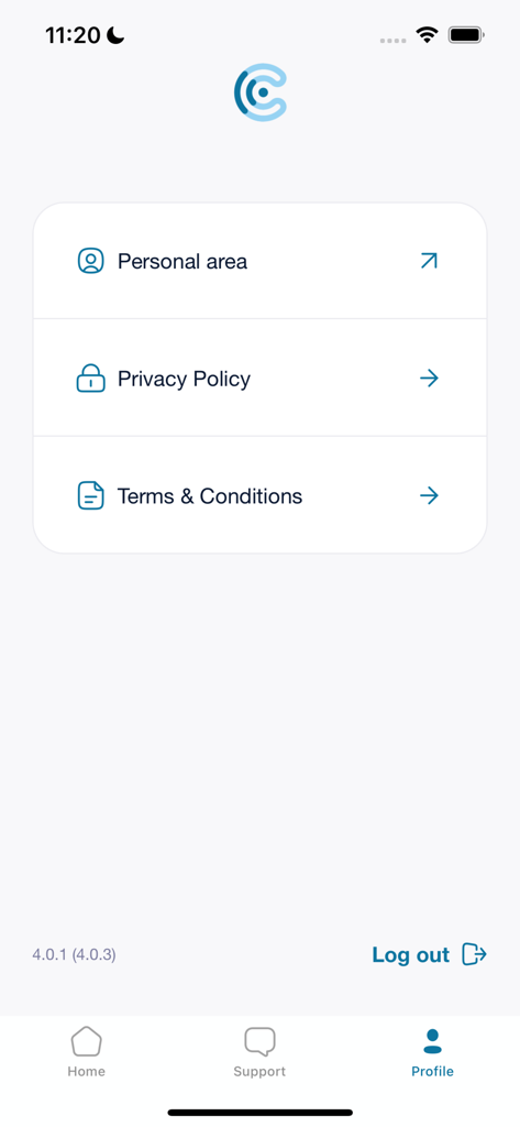 Vox Connect - Profile screen of the Vox Connect app showing menu options for personal area privacy policy and terms and conditions